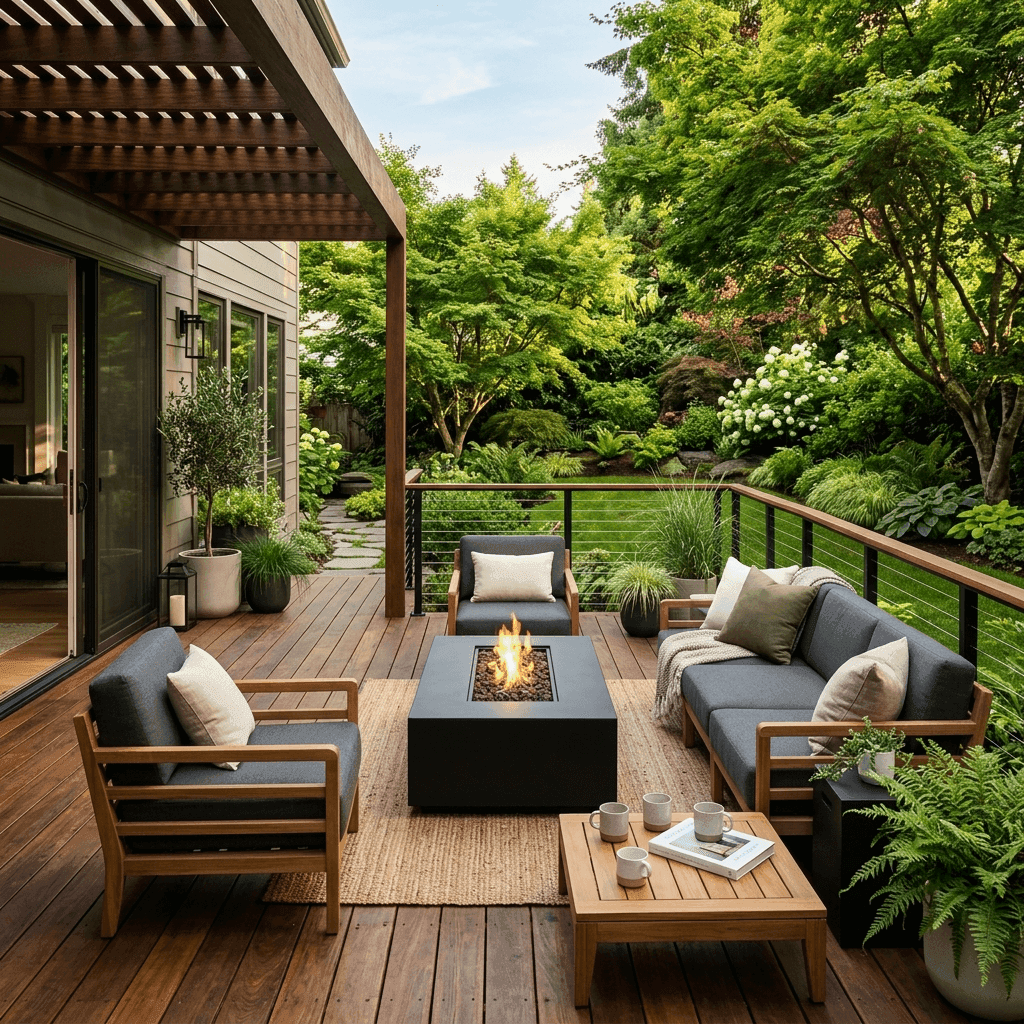 Outdoor living area with sleek horizontal cable railings.