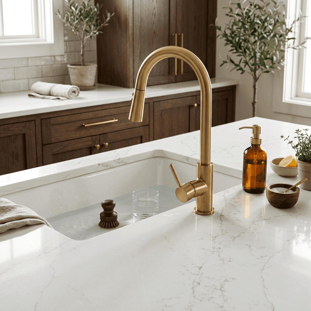 Polished quartz countertop with gooseneck brass faucet.