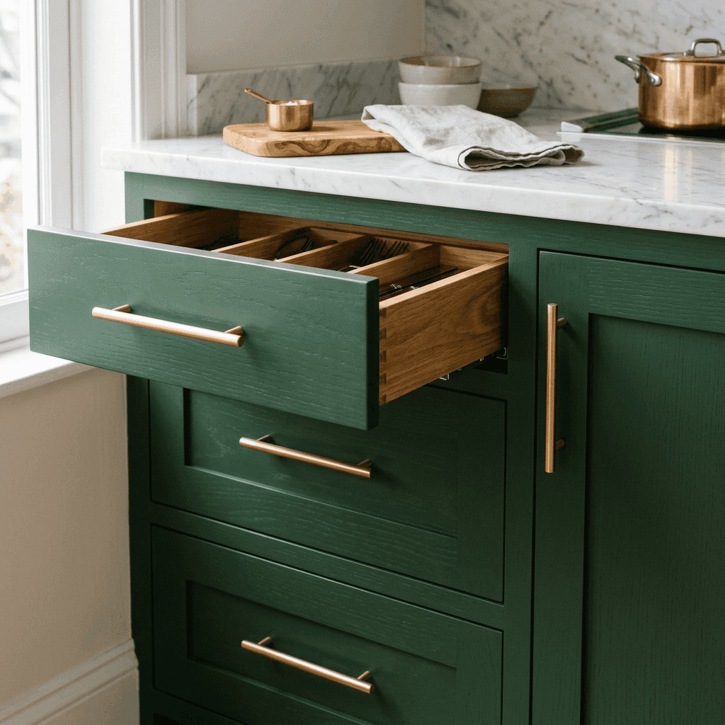 Forest green cabinets with premium soft-close hardware.